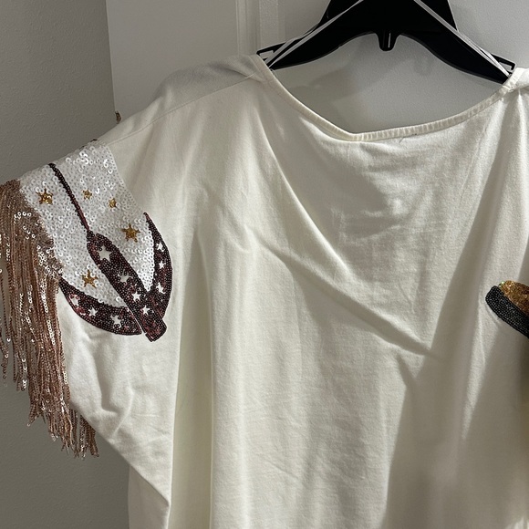 Cream Top with Fringe and Sequin Cowboy Boot Details - Picture 3 of 6